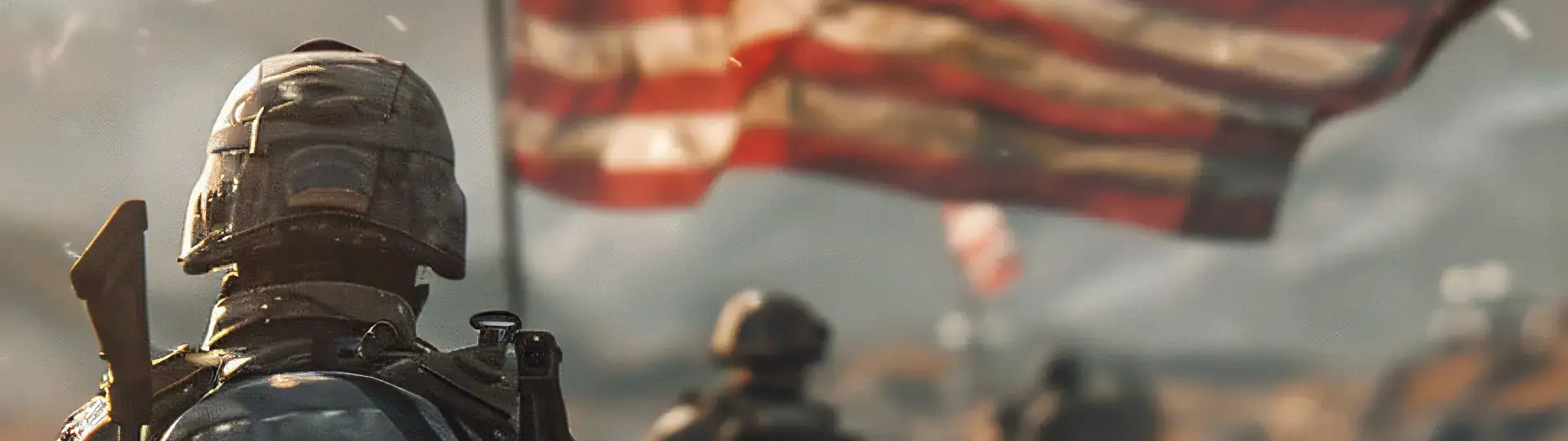 solider walking and seeing an american flag and other soldiers